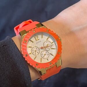 GUESS Coral Silicone Strap Watch with Gold Accents